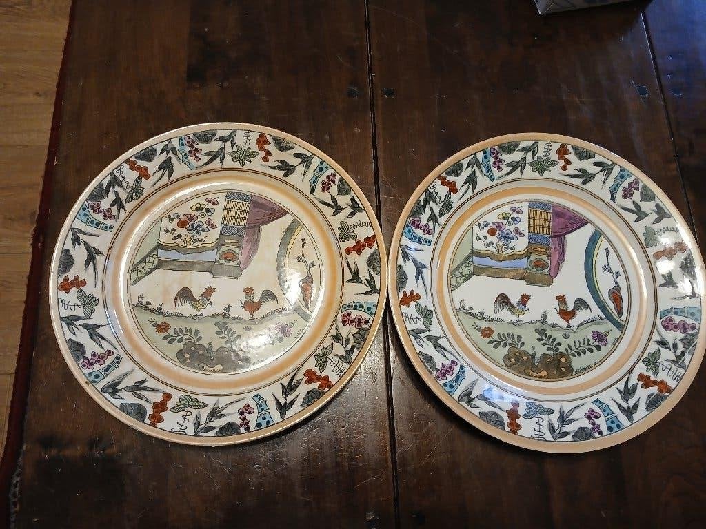2 leuke antiek handbeschilderd wandborden, 23cm, Ophalen of Verzenden