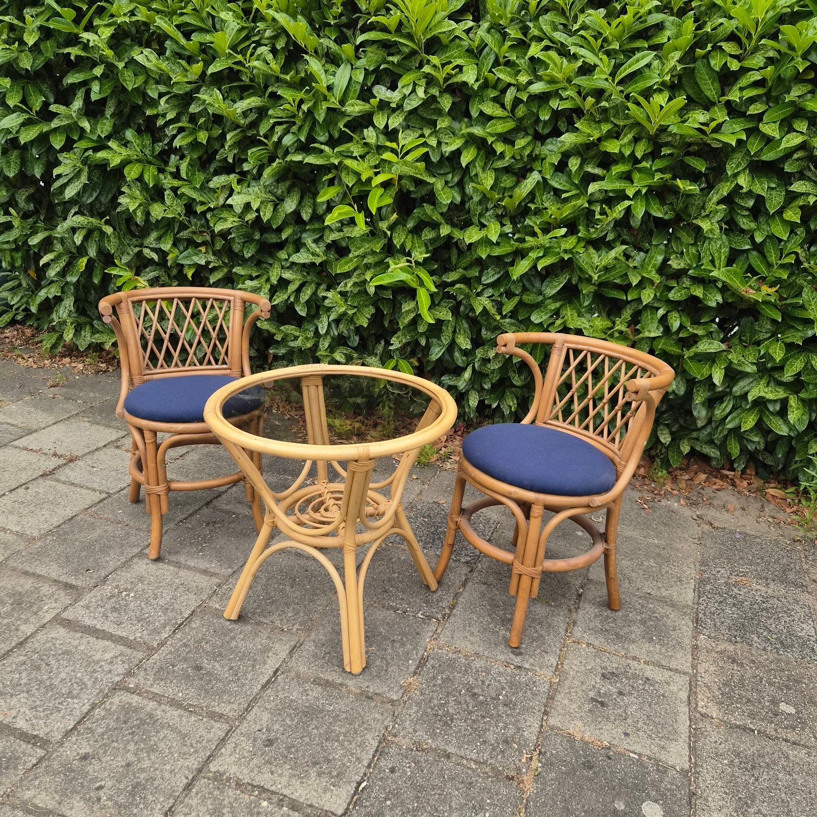 Vintage Rotan Bistro Set: 2 Stoelen & Salontafel, Ophalen, Gebruikt, Twee, Bruin