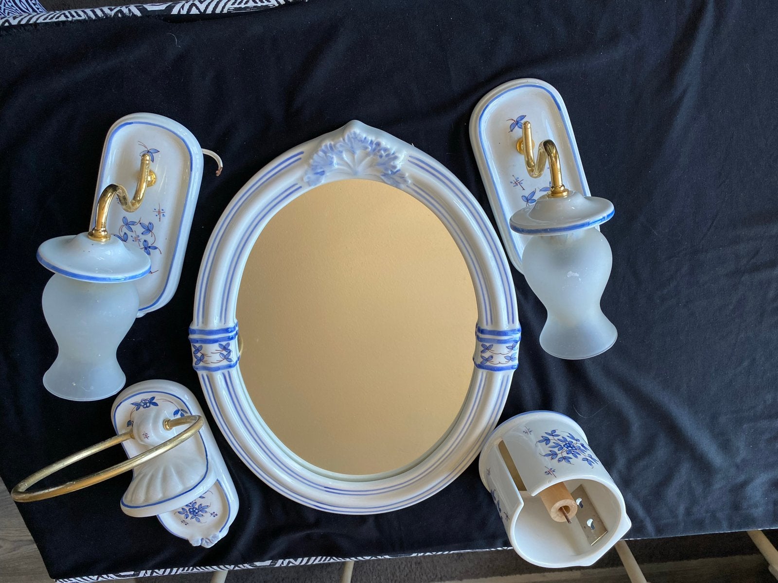 Delfts Blauw Badkamerset: Spiegel, Lampen, Handdoekrek, WC-r, Ophalen of Verzenden, Gebruikt