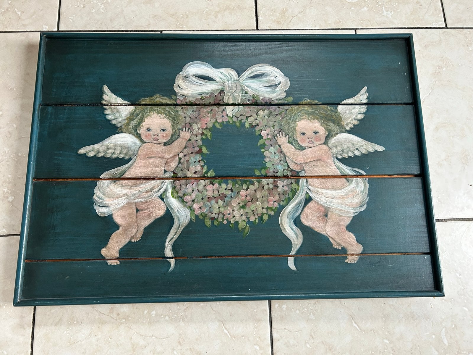 Vintage - Wanddecoratie Engelen op Hout - 60x40 cm, Ophalen of Verzenden