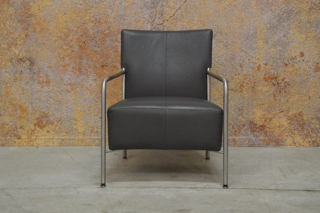 ZGANieuw! grijze leren Bert Plantagie Class design fauteuil!, Bert plantagie, 75 tot 100 cm, Ophalen of Verzenden, Leer
