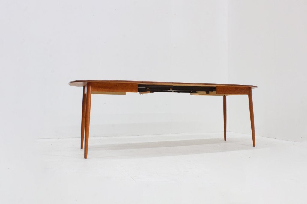 Vintage ovale uitschuifbare tafel uit de jaren 60 van Asko, Huis en Inrichting, Design, Teakhout, 200 cm of meer, Zo goed als nieuw