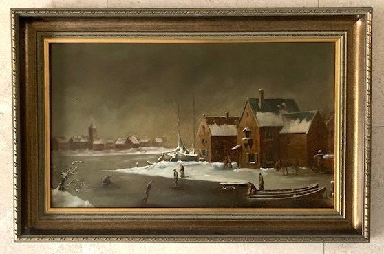 Wintergezicht op palingrokerij - Jan van Bergen (1890-1951), Ophalen of Verzenden