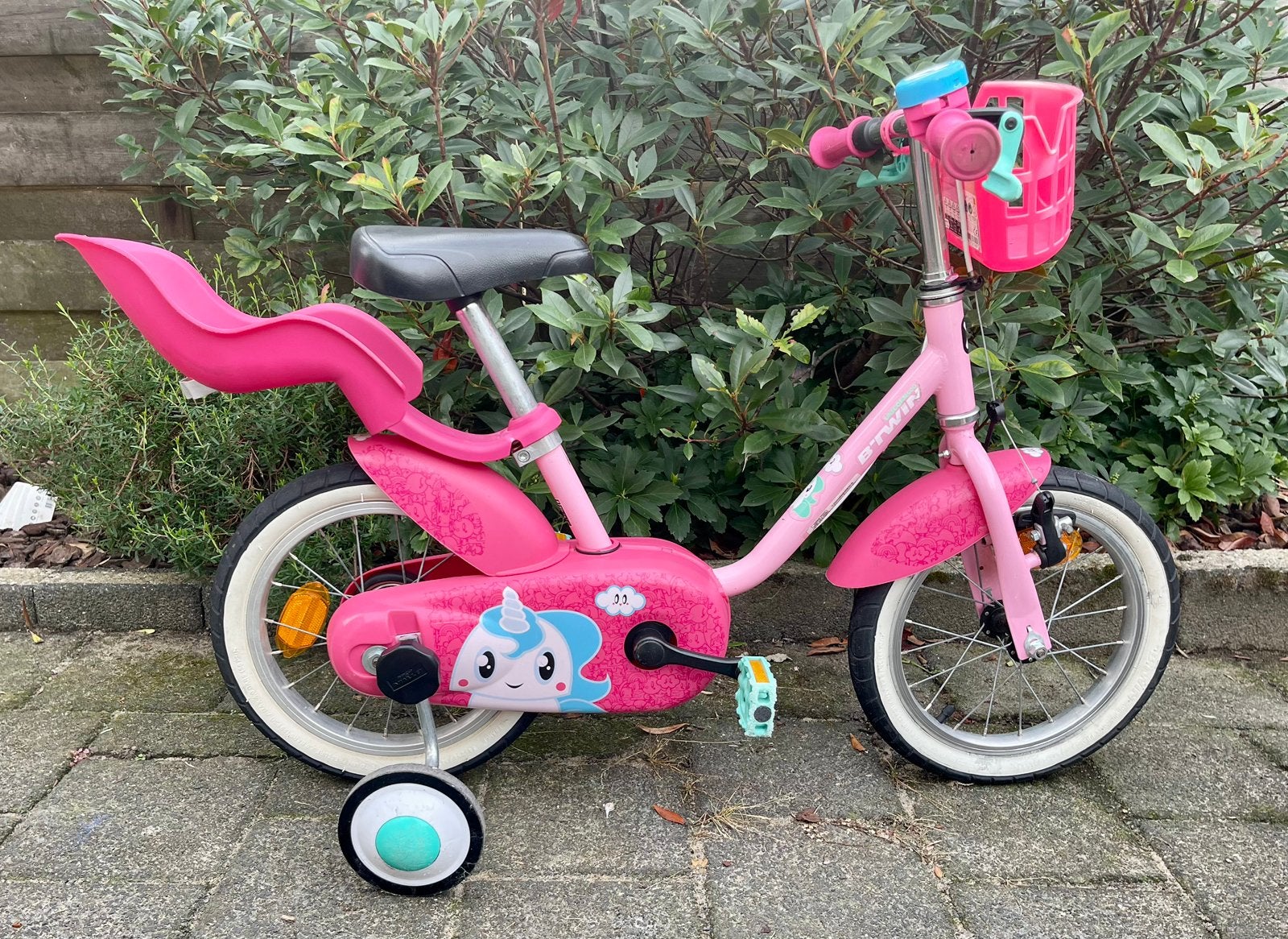 Roze meisjes unicorn fiets 14 inch met zijwieltjes, Ophalen, Zo goed als nieuw, Minder dan 16 inch, Zijwieltjes