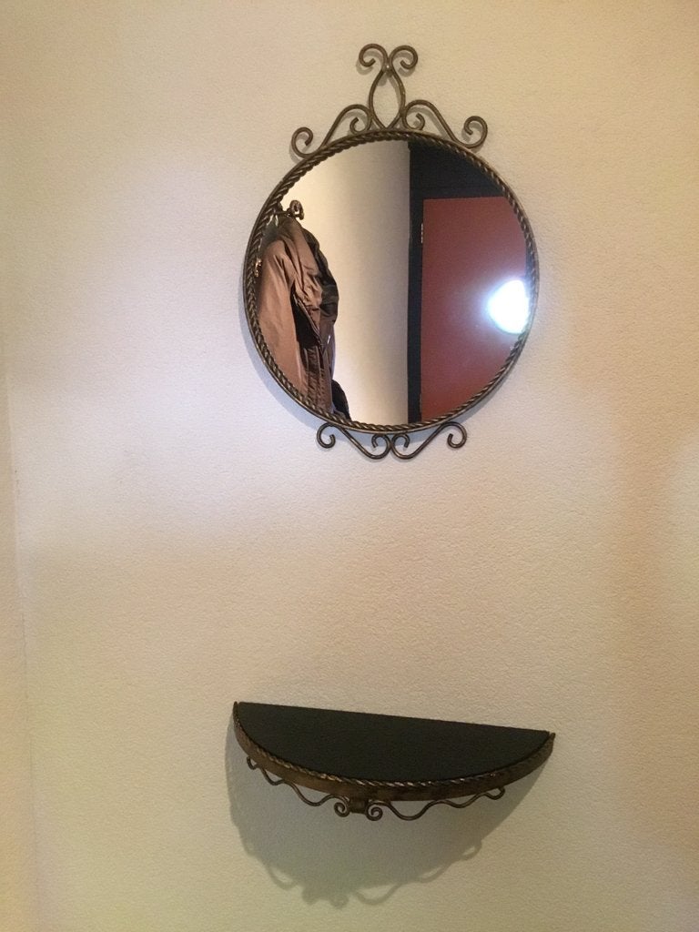 Retro spiegel met planchet, Huis en Inrichting, Woonaccessoires | Spiegels, Ophalen, Minder dan 50 cm, Gebruikt, Rond