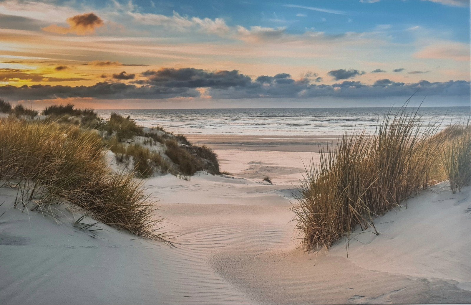 Schilderij Zonsondergang Strand en Duinen, Ophalen, Meerkleurig, Overige materialen, Nieuw