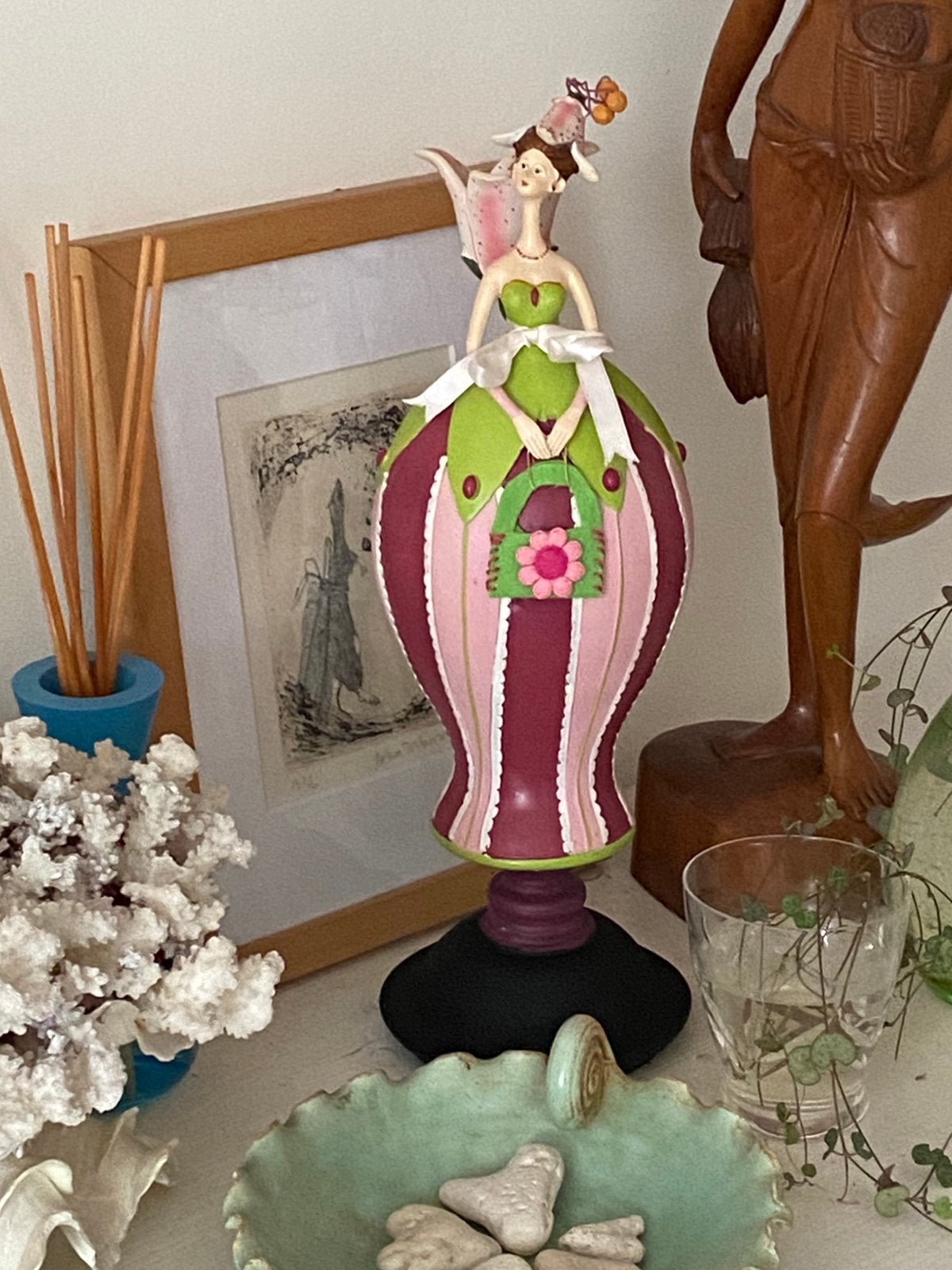 Kaarsenhouder bloemenmeisje roze groen, Ophalen of Verzenden, Groen, Kandelaar