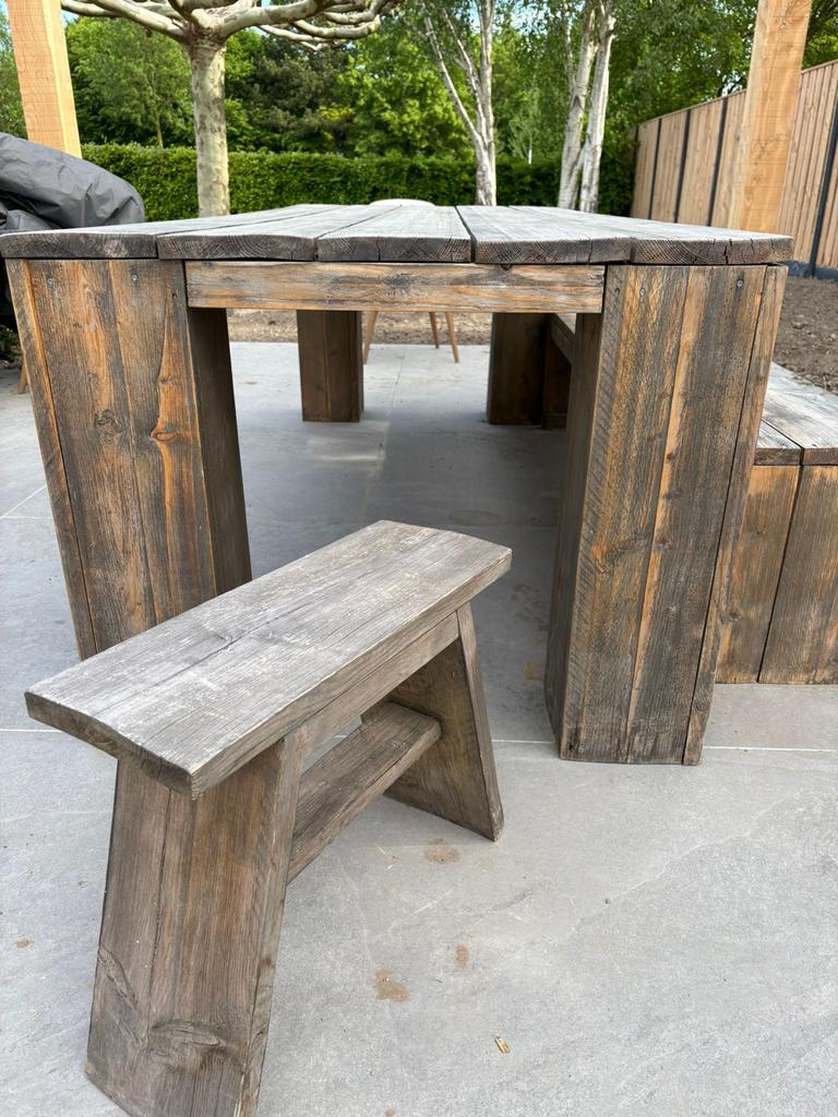 Robuuste steigerhouten tuintafel met bankjes, Tuin en Terras, Picknicktafels, Ophalen, Gebruikt, Rechthoekig, Hout