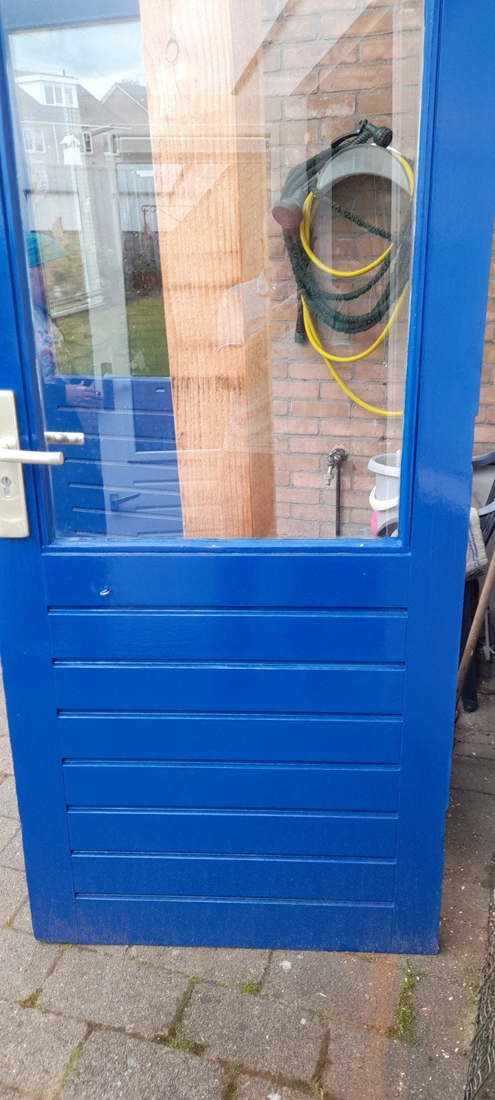 Hardhouten buitendeur met glas en handvat, Ophalen, Gebruikt, 80 tot 100 cm, Buitendeur