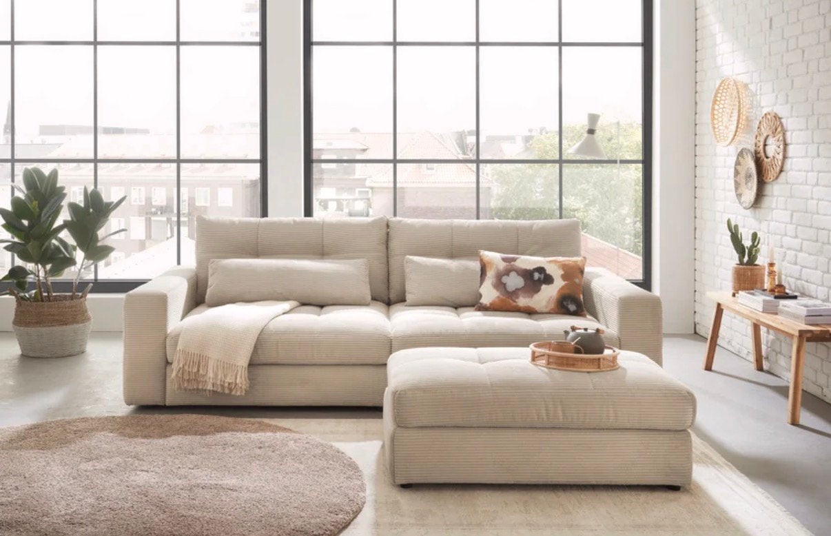 Bank met hocker in stonebeige ZGAN!, Ophalen, Zo goed als nieuw