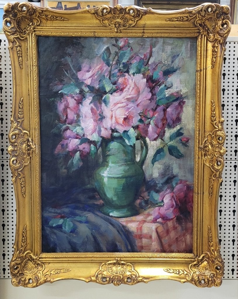 Pol DE LAMPER, roze rozen, Antiek en Kunst, Bloemen, Doek, Ophalen of Verzenden, Olieverf