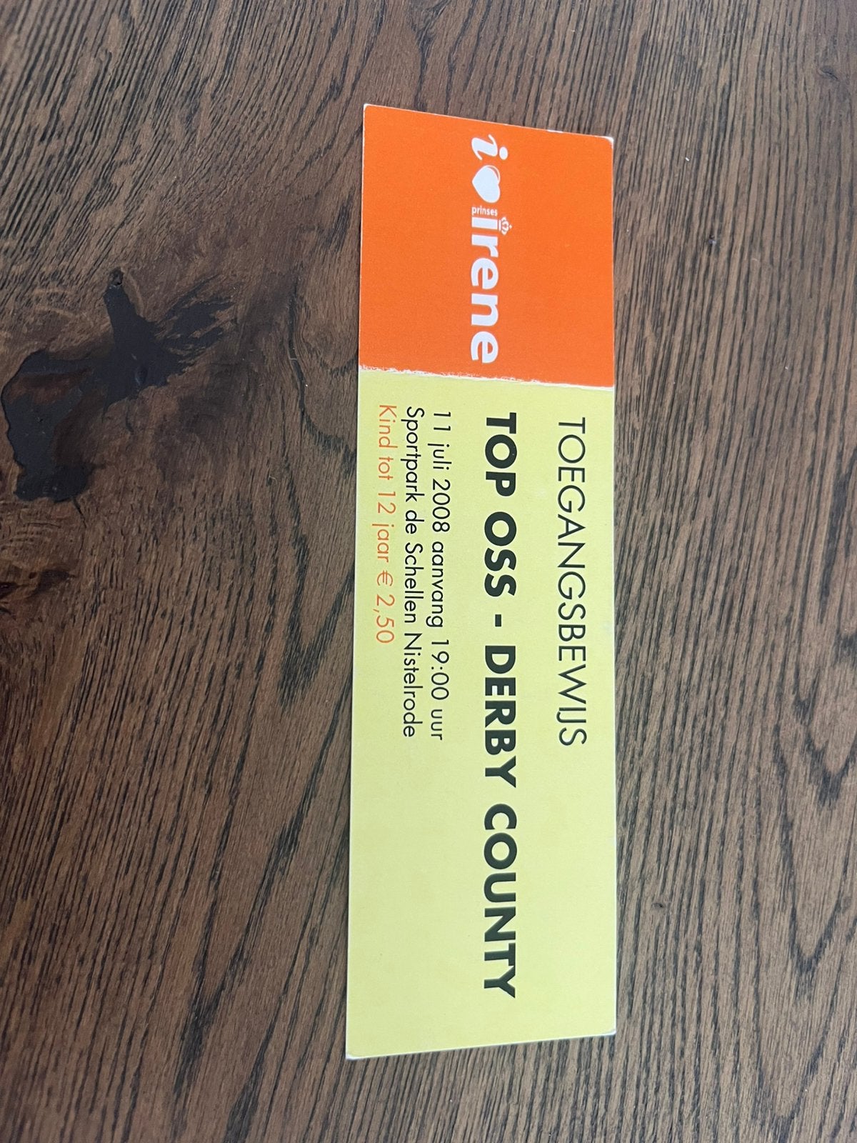 TICKET TOP OSS-DERBY COUNTY 2008, Verzamelen, Ophalen of Verzenden, Zo goed als nieuw, Overige binnenlandse clubs, Overige typen
