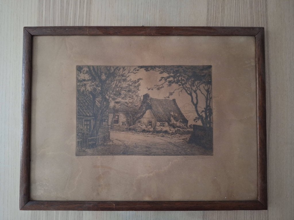 Ets Johan Hemkes, Doorkijkje op Ameland 1931, 30 cm, Ets, Architectuur, Ophalen of Verzenden
