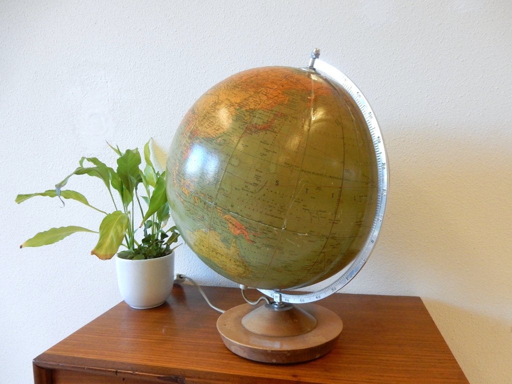vintage wereldbol globe lamp tafellamp voor 1981 mid century, Gebruikt, 30 cm, ., Ophalen of Verzenden