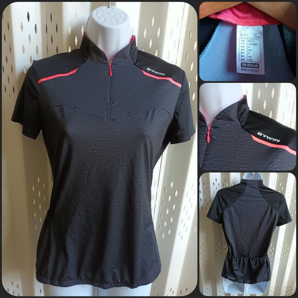 B-Twin Decathlon wielershirt zwart roze accenten S, Zwart, Ophalen of Verzenden, Zo goed als nieuw, Hardlopen of Fietsen