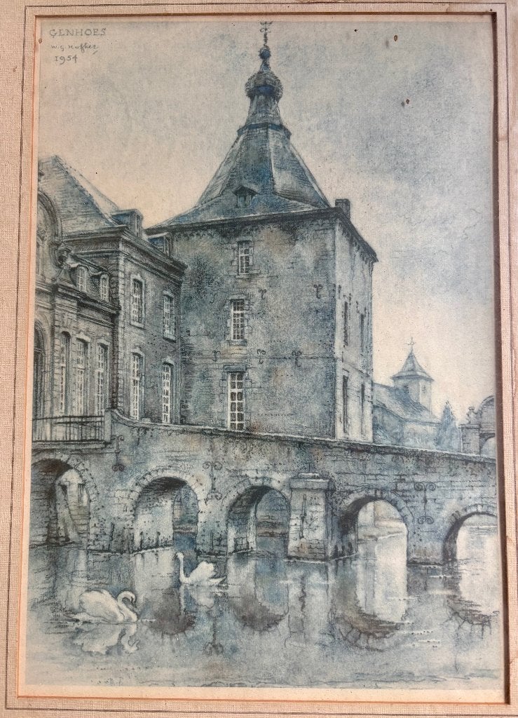 W.G. Hofker - kasteel Genhoes, Oud-Valkenburg (1954), Nederlandse school, Overige ondergronden, Ophalen of Verzenden, Landschap