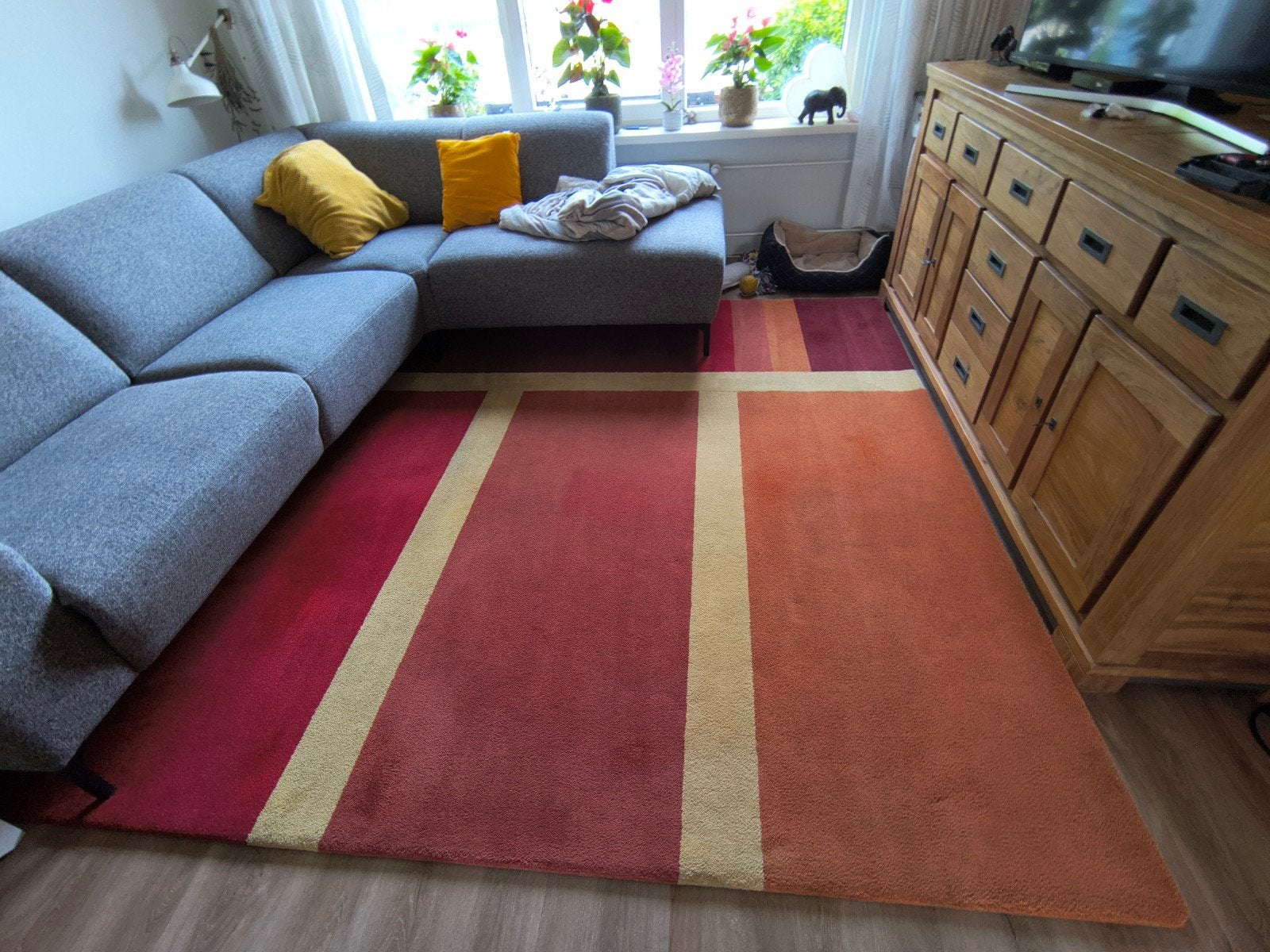 Modern Vloerkleed Rood/Oranje/Geel - 240x250 cm, Gebruikt, 150 tot 200 cm, 200 cm of meer, Modern, Kleurrijk, Geometrisch