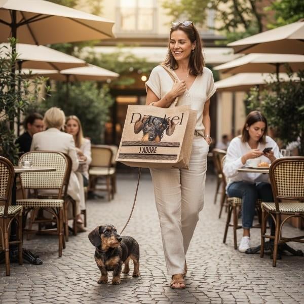 Teckel Tas Shopper J’ADORE – voor echte teckelliefhebbers, Verzenden, Nieuw, Beige, Shopper