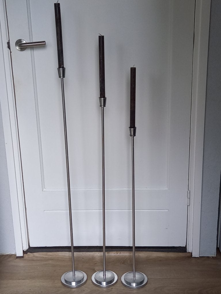 3 Moderne Strakke Chromen Vloer Kandelaars (1 meter), Ophalen, Gebruikt, Onbekend, Onbekend