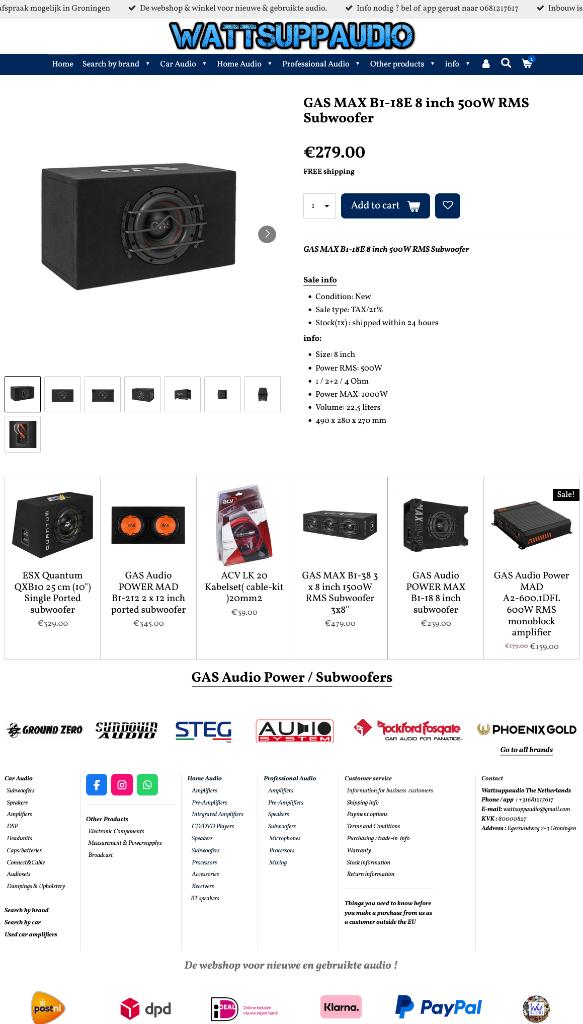 GAS MAX B1-18E 8 inch 500W RMS Subwoofer, Auto diversen, Autospeakers, Info@optimount.nl, Nieuw, Ophalen of Verzenden, Anholtseweg 48A 7091 HB DINXPERLO