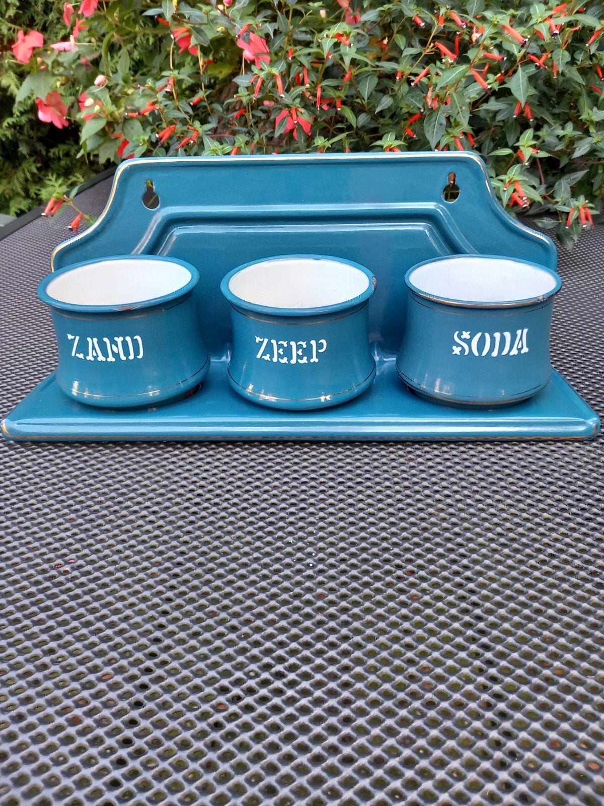Schitterend mooi petrolblauw emaille zand-zeep en soda rekje, Antiek en Kunst, Ophalen of Verzenden