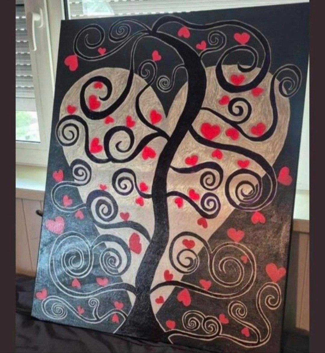 Levensboom met harten - Modern schilderij, Ophalen, Abstract, Acrylverf, Doek