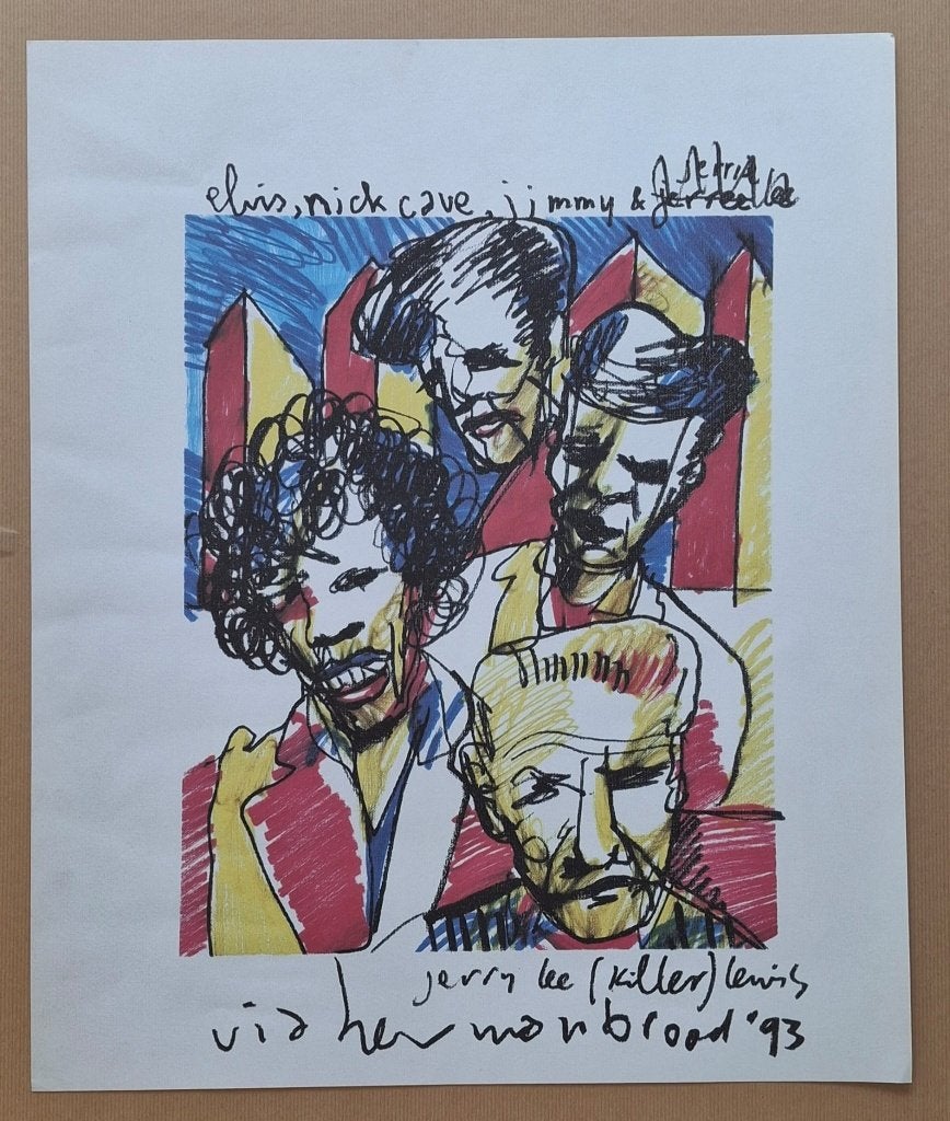 Herman Brood - Elvis, Hendrix, Nick Cave & Jerry Lee- Pop 93, Gesigneerd in de plaat, Ophalen of Verzenden, Portret en Figuren
