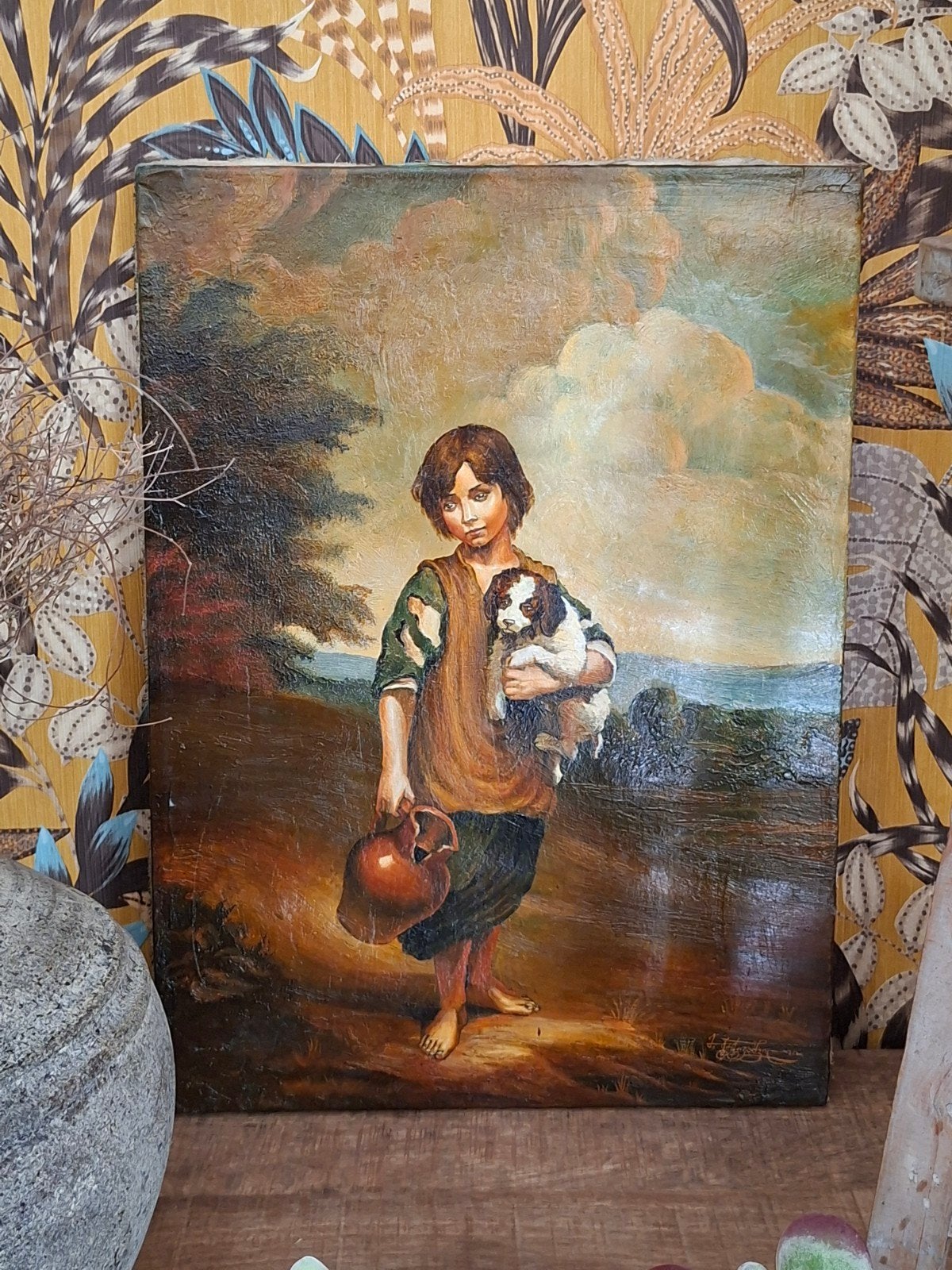 Mooi olieschilderij jongen met hond, Ophalen of Verzenden