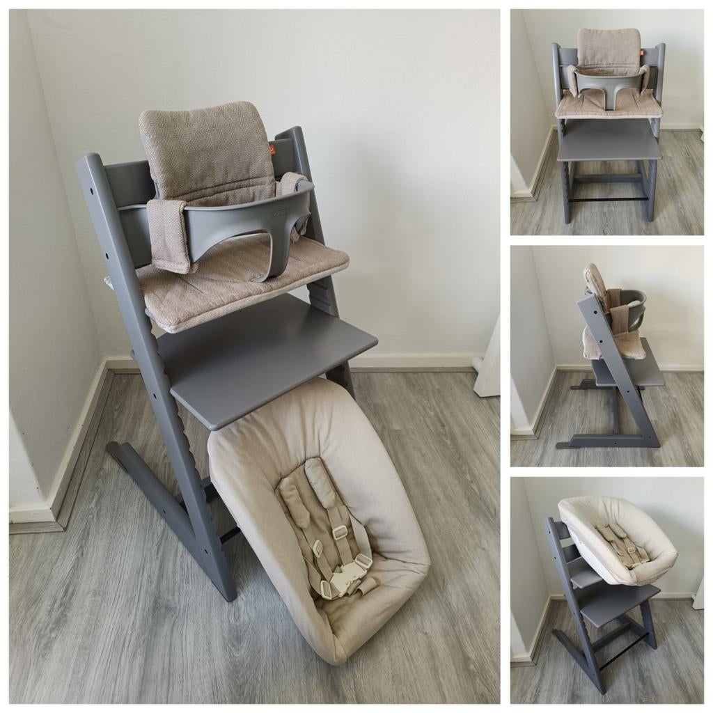 Stokke Tripp Trapp storm grey+babyset, kussenset, newbornset, Kinderen en Baby's, Kinderstoelen, Ophalen of Verzenden, Zo goed als nieuw