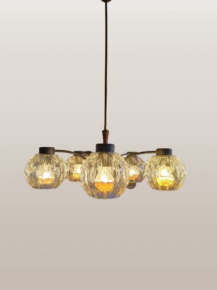 Vintage Kroonluchter met 5 Glazen Kappen - Jaren '60 deens, Ophalen, Gebruikt, E14 (klein), Glas