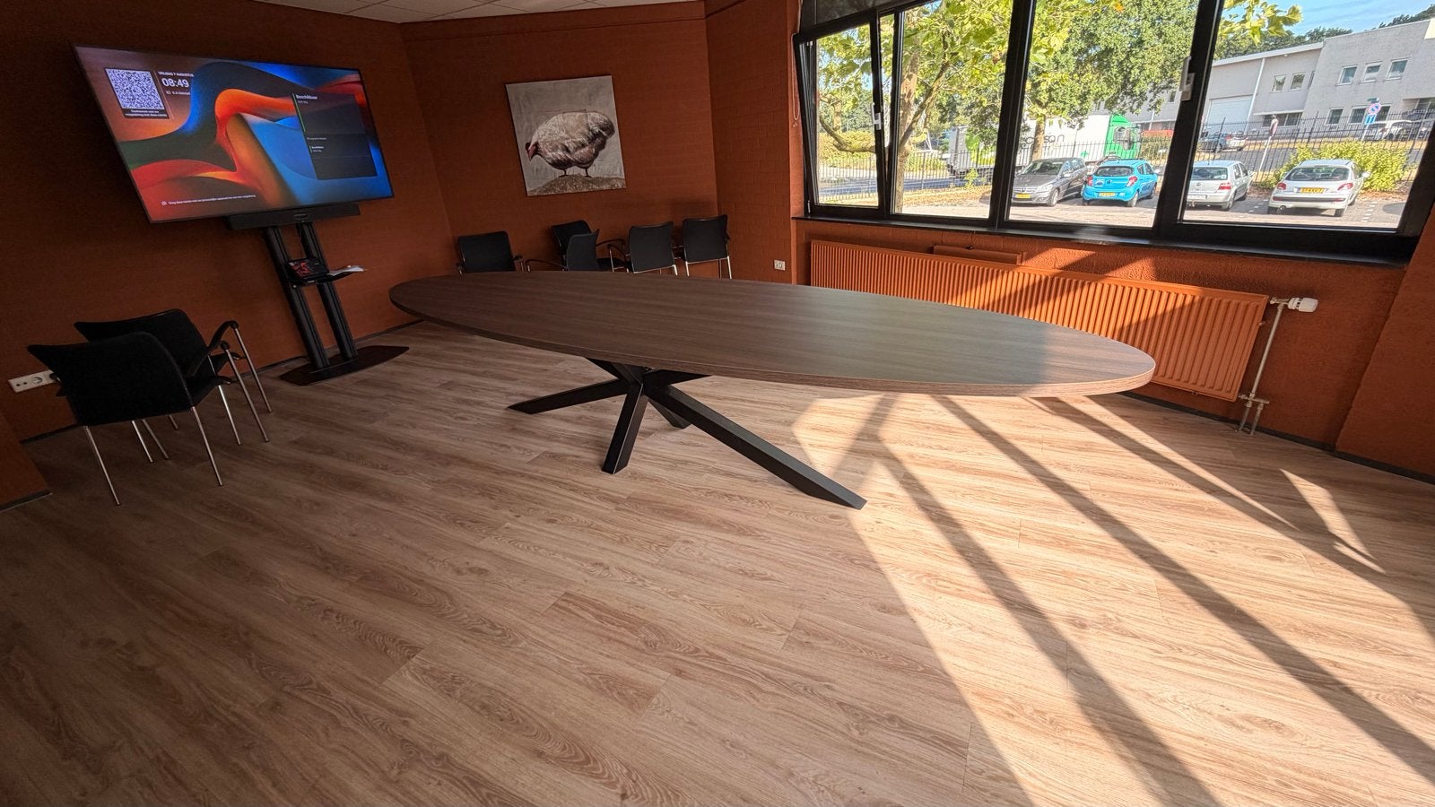 Grote ovale tafel 400x120cm met matrixpoot, melamine blad, Huis en Inrichting, Tafels | Eettafels, Ophalen, Robbies, 100 tot 150 cm