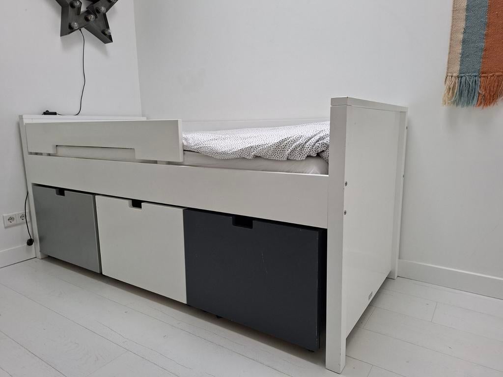 Bopita Bed  met Opberglades - Wit/Grijs, 85 tot 100 cm, Gebruikt, 180 cm of meer, Ophalen