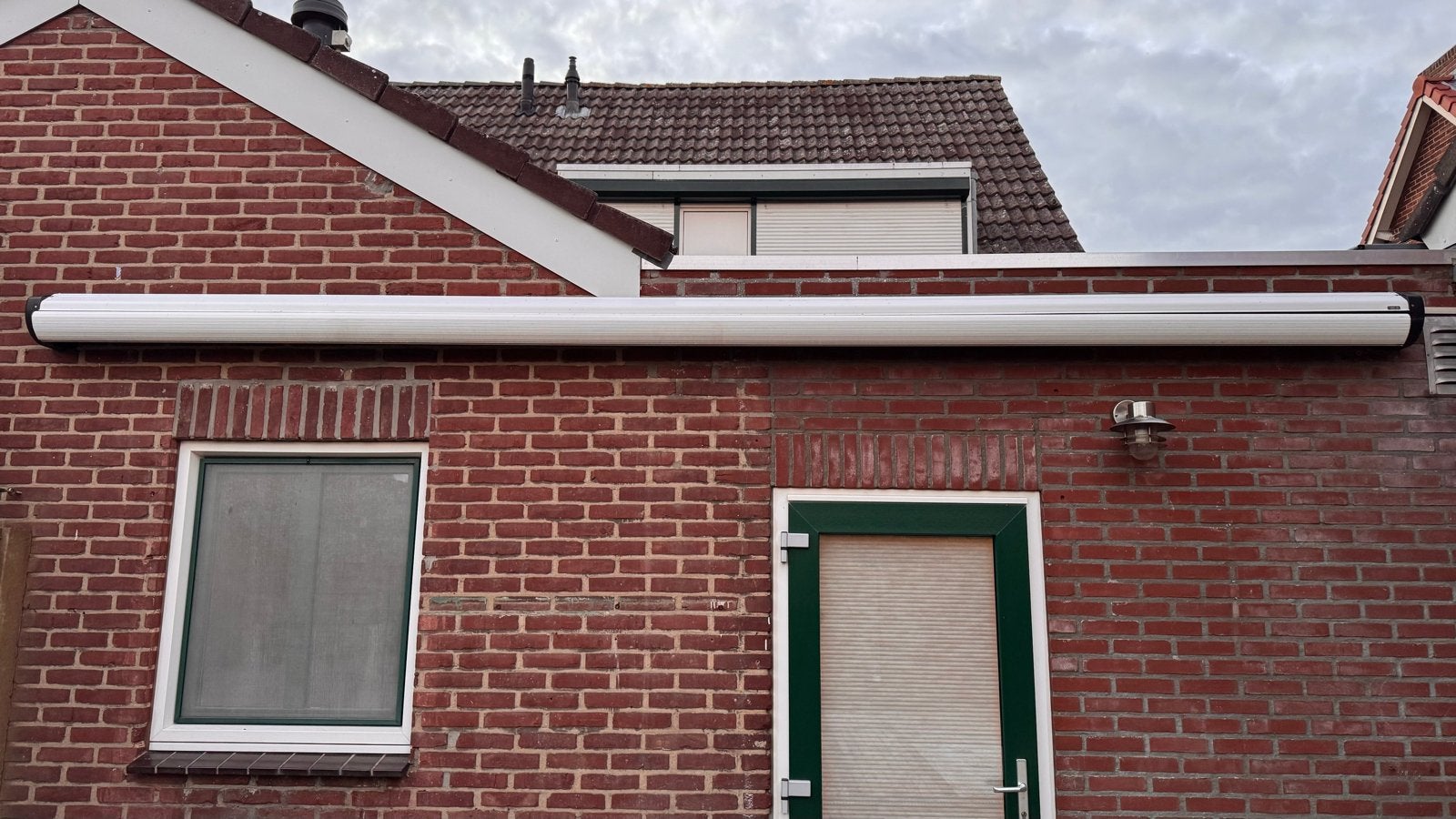 Knikarmscherm Harol - Groen/wit gestreept, Ophalen, Gebruikt, 450 cm of meer, Elektrisch