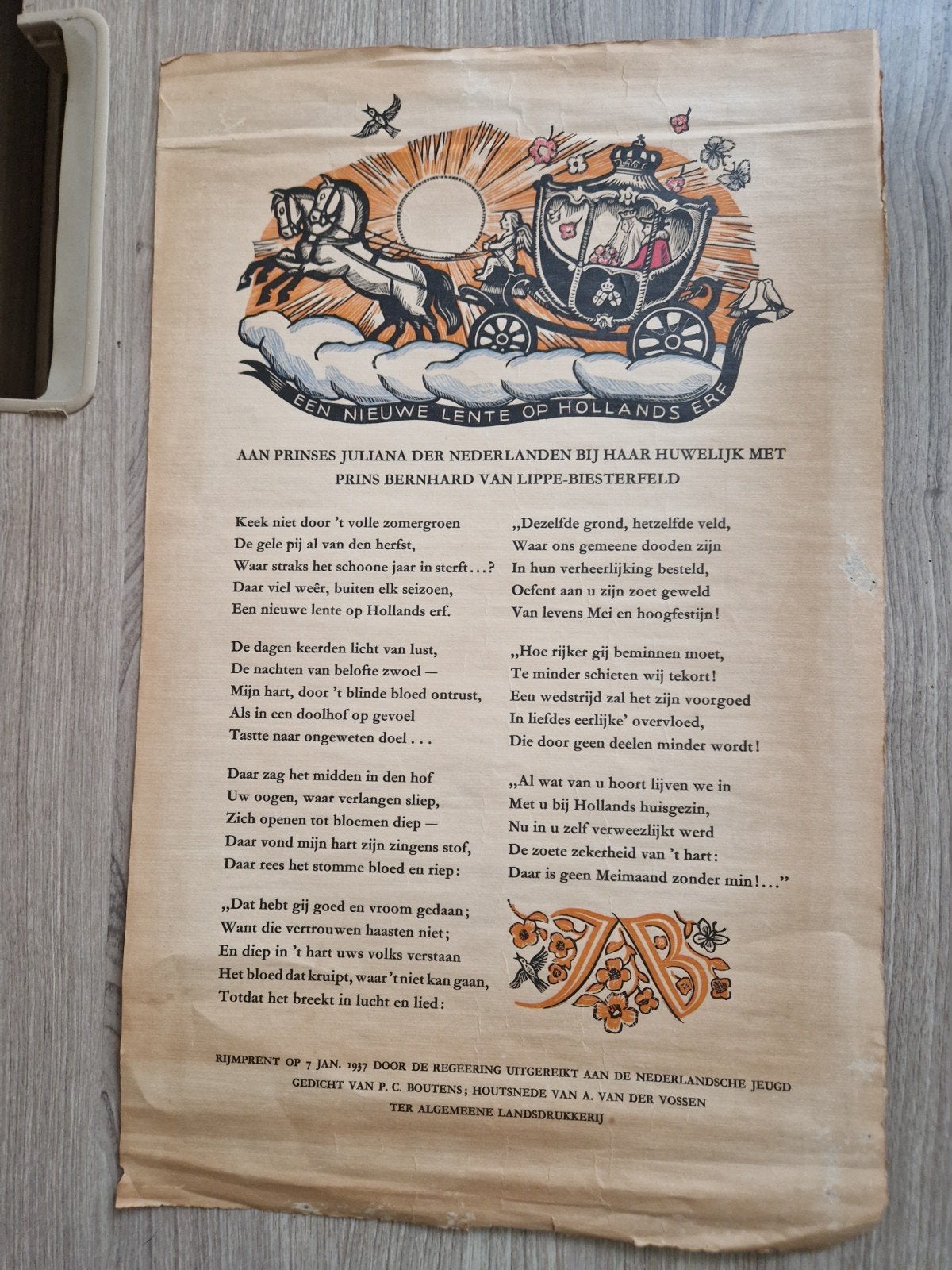 Huwelijksgedicht Juliana & Bernhard - Rijmprent 1937, Ophalen of Verzenden, Gelezen, Folder