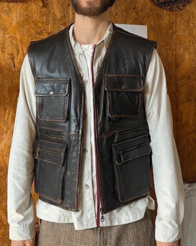 Vintage Echt Leren Vest (bikervest), Kleding | Heren, Ophalen of Verzenden, Gedragen