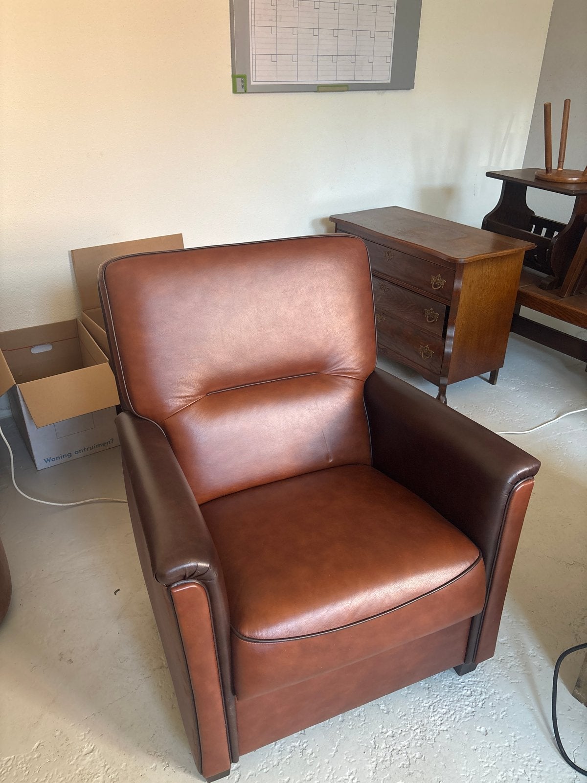Sterk in Maatwerk fauteuil – cognac/bruin, Ophalen, Zo goed als nieuw, Leer, 75 tot 100 cm
