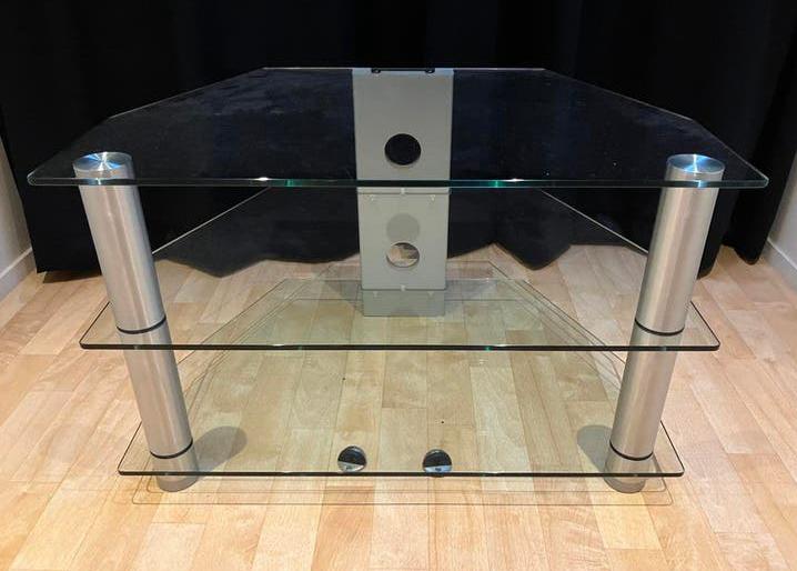 Audio/Hifi Meubel met Gehard Glas en Aluminium Poten, Ophalen, Gebruikt, 50 tot 100 cm, Glas