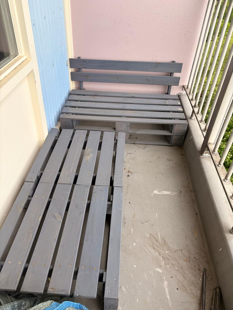 Grijze palletbank met kussens, Ophalen, Gebruikt, Minder dan 75 cm, Tweepersoons