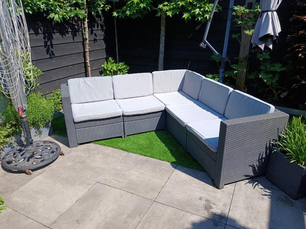 Antraciet kunststof loungeset hoek 195x195 cm met kussens, Tuin en Terras, Ophalen, Gebruikt, Kunststof