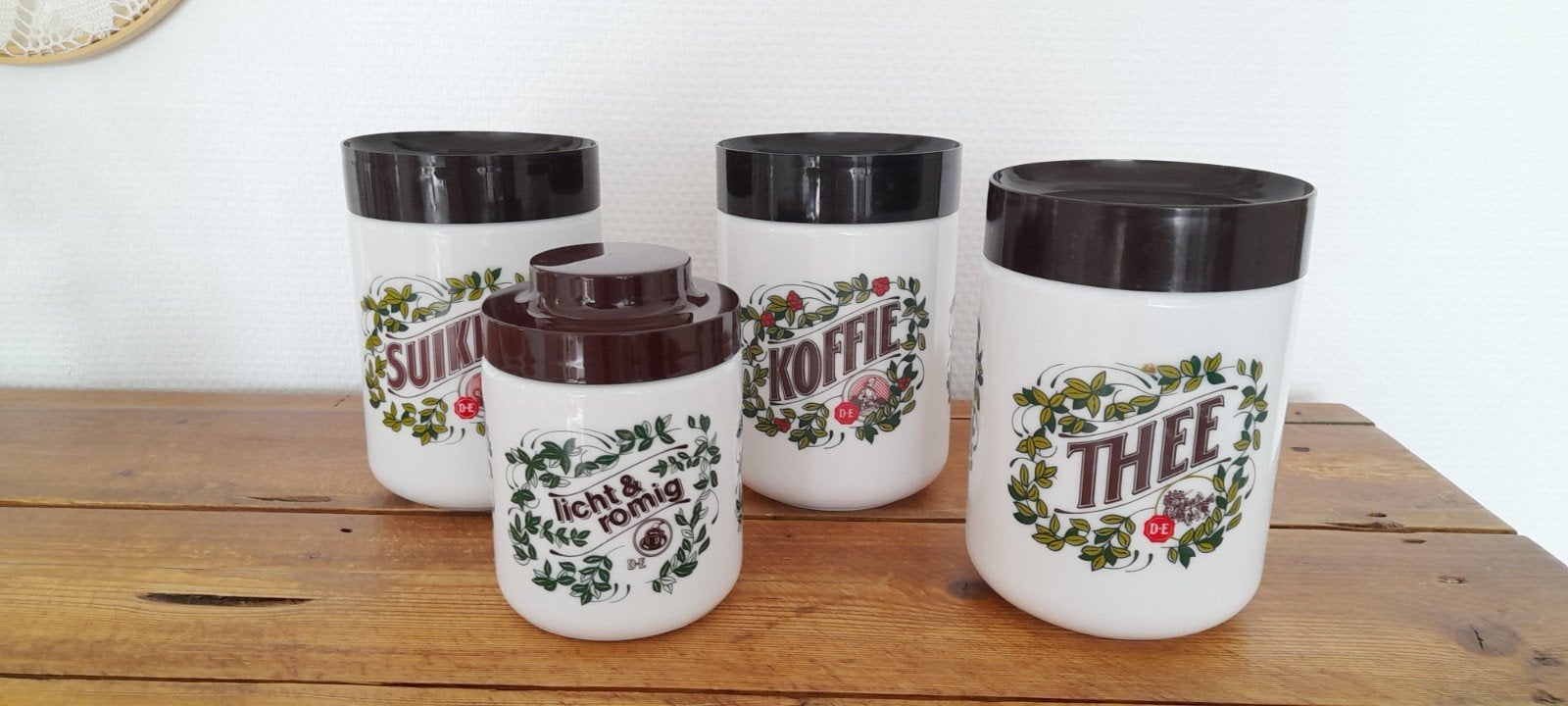 vintage Douwe Egberts Koffie/Thee/Suiker/Melk bewaarpotten, Ophalen, Glas, Overige stijlen, Overige typen