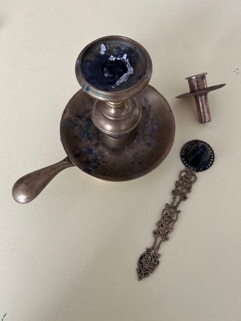Vintage koperen / messing nachtkandelaar set met accessoires, Ophalen