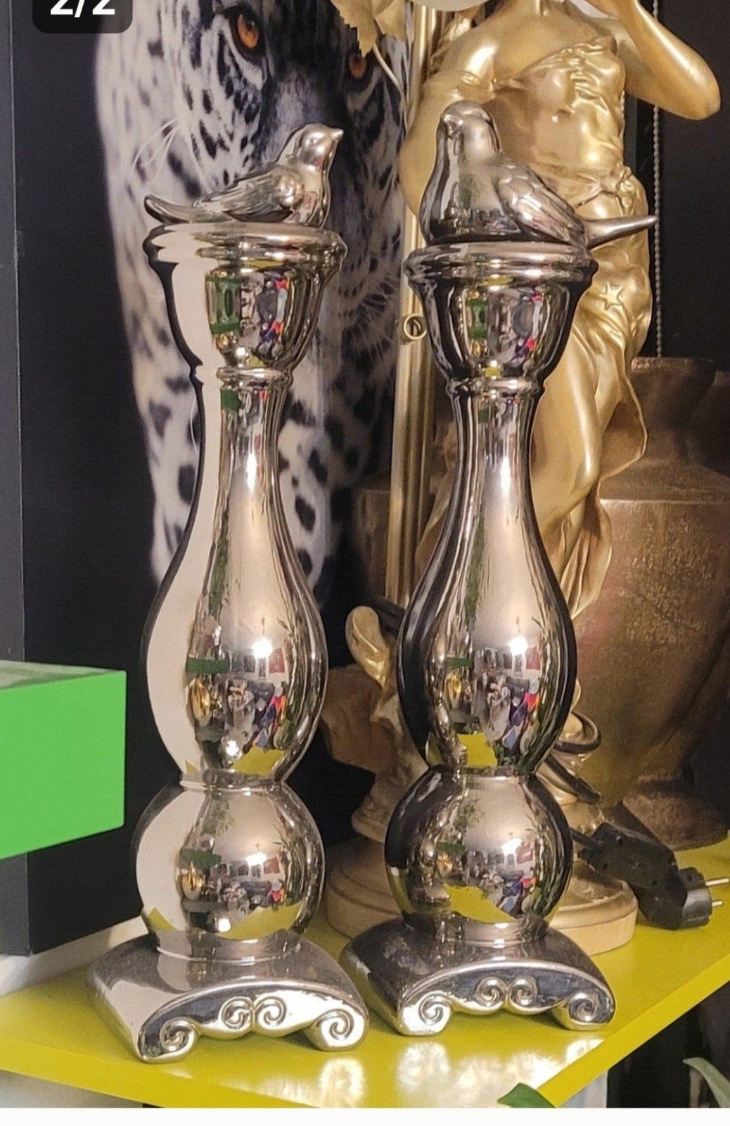 Set van 2 zilverkleurige kandelaars met vogels, Ophalen of Verzenden, Overige materialen