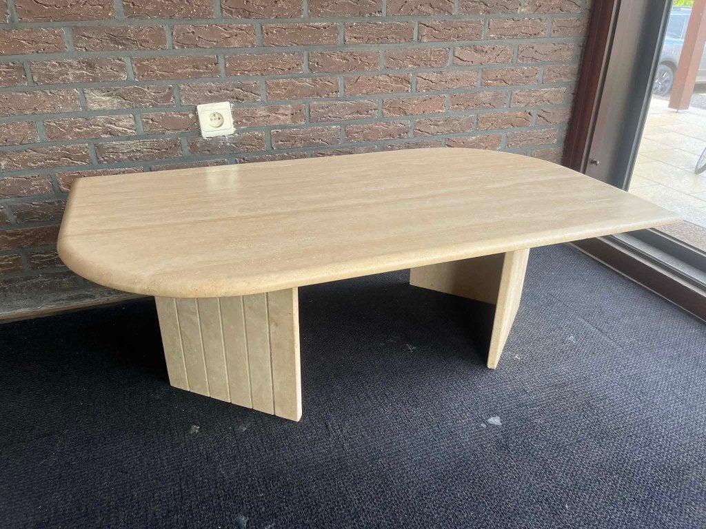 Travertin salontafel in dubbele puntvorm, Huis en Inrichting, Ophalen of Verzenden, Rechthoekig, 100 tot 150 cm, 50 tot 100 cm