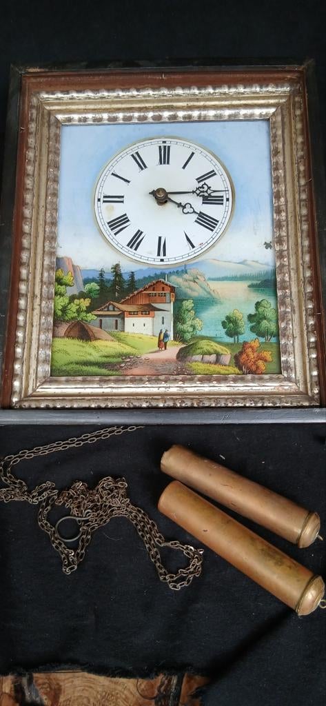 Antieke Klok met Landschapsschilderij en Gewichten, Antiek en Kunst, Antiek | Klokken, Ophalen of Verzenden