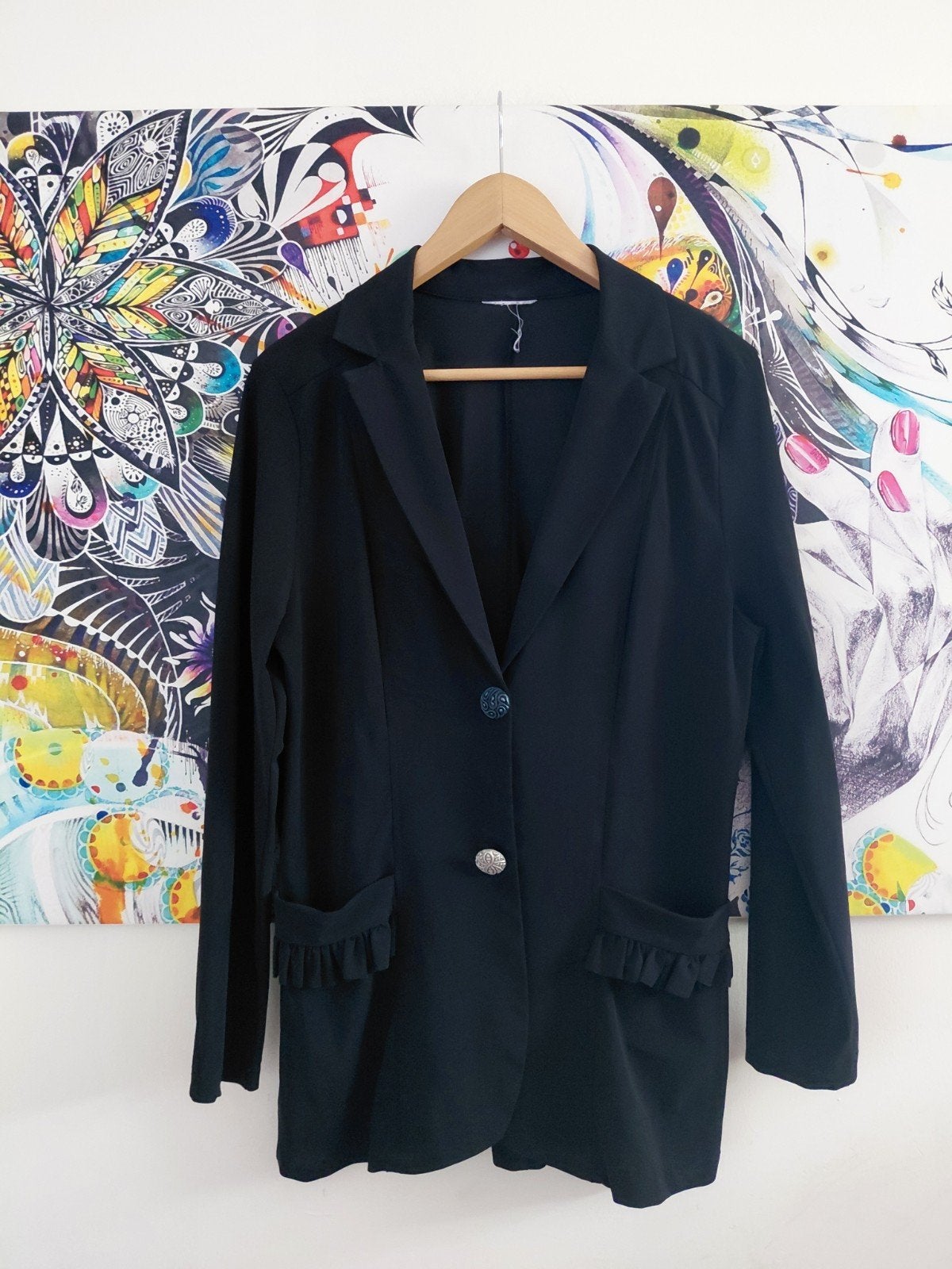 Helena Hart lange zwarte travelstof blazer maat L, Zwart, Maat 42/44 (L), Zo goed als nieuw, Jasje