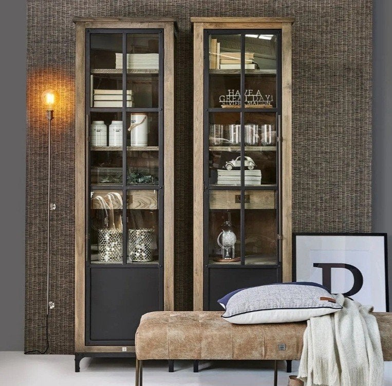 Riviera Maison Hoxton Vitrinekastenset(links en recht, Ophalen, Met deur(en), 200 cm of meer, Landelijke, industriële vitrinekast