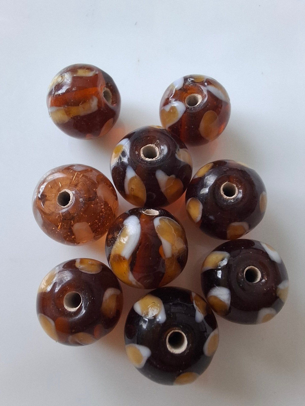 9 stuks 11/12 mm lampwork glaskralen bruin wit oranje kralen, Kraal, -, -, Nieuw