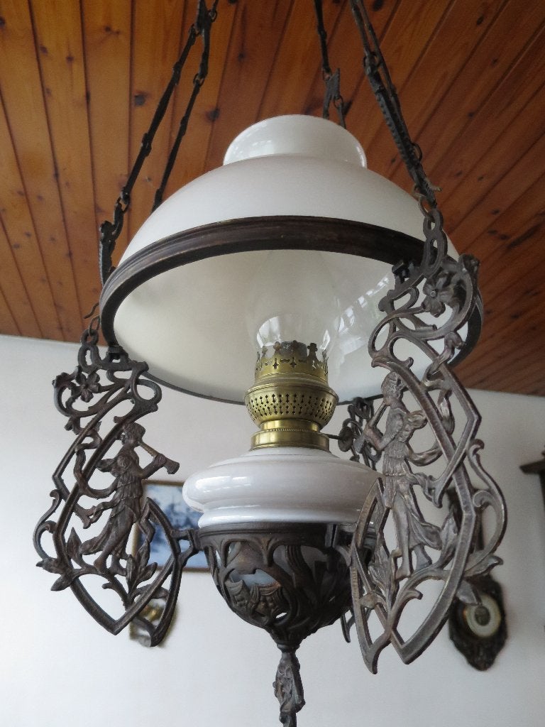 MOET NU WEG GOEDWERKENDE ANTIEK GROTE OLIELAMP HANGLAMP, Ophalen of Verzenden