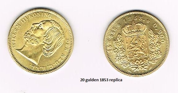 20 gulden 1853 Willem3 goudvergulde replica vaste pr. €2,90., Postzegels en Munten, Ophalen of Verzenden, Koning Willem III