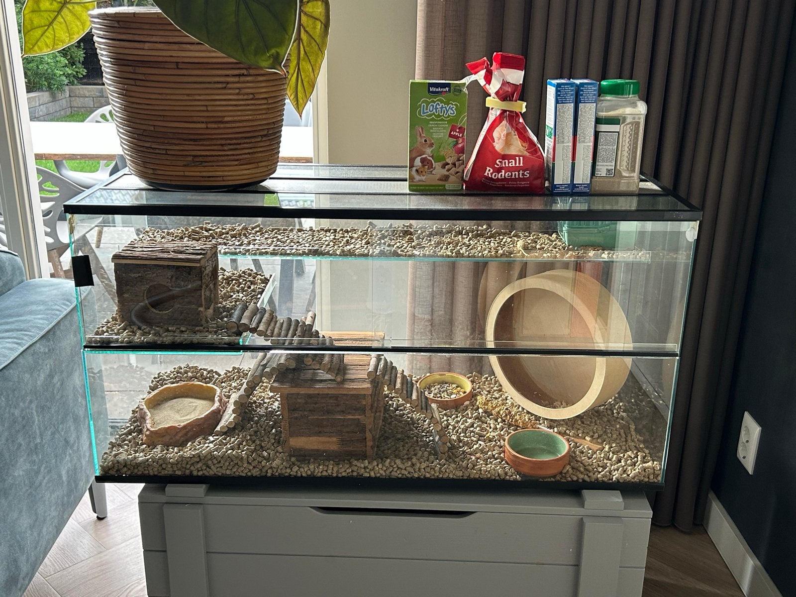 Riante glazen hamsterkooi met toebehoren, Kooi, Gebruikt, Hamster, 75 tot 110 cm